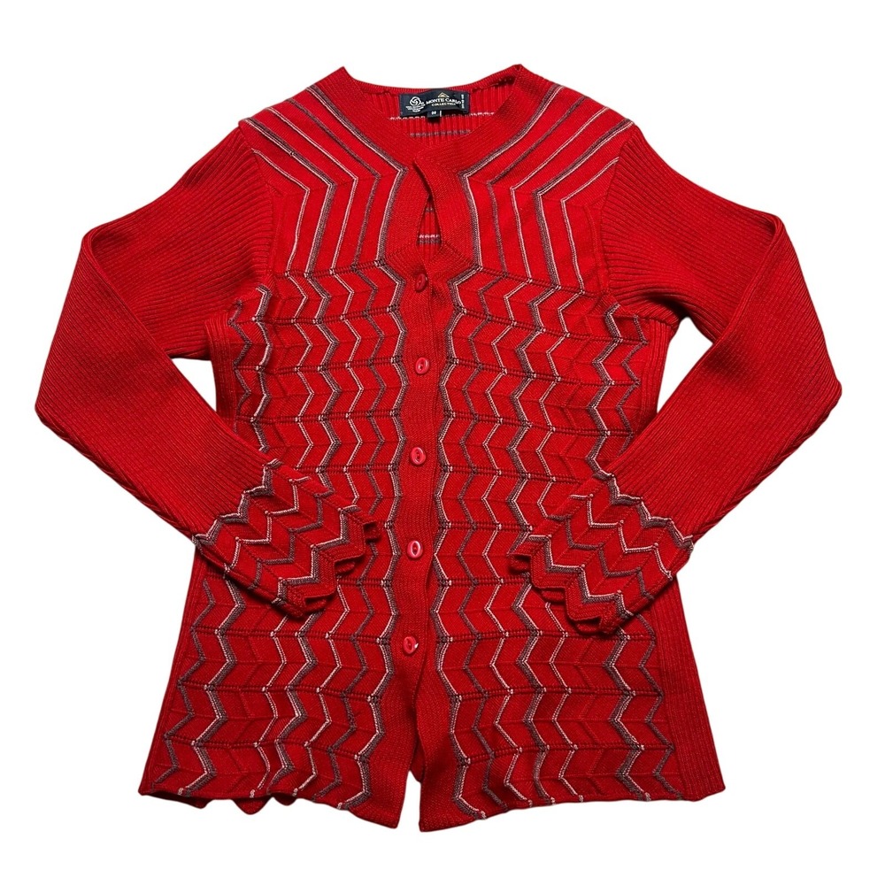 Monte Carlo Cardigan‎ Women 38 Red Merino Wool Blend Chevron Scalloped Geometric